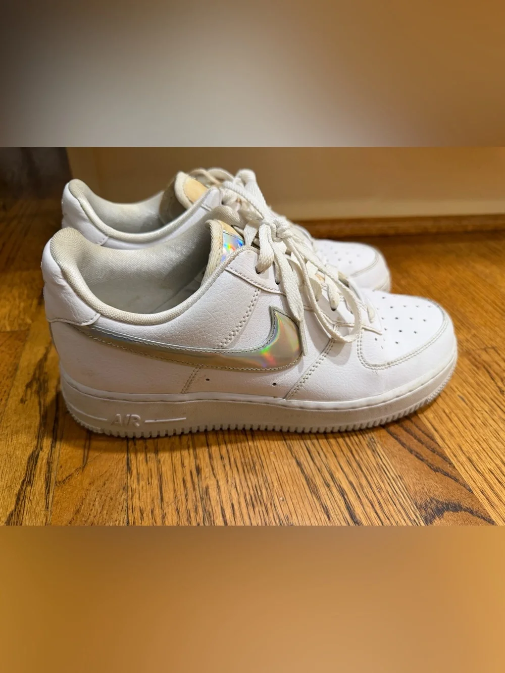 Nike Air Force White Sneakers with Silver Iridescent Swoosh Sz 8.5